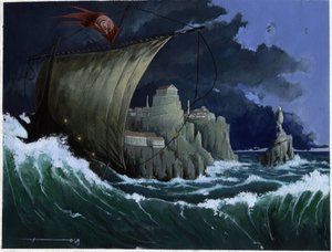 Illustration des Mythos der unter dem Meer verschwundenen Insel Atlantis: Ansicht der griechischen Stadt der legendären Insel vor ihrem Verschwinden von Alessandro Lonati