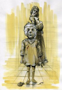 Illustration Science-Fiction: Zombies oder Geister, die einen Albtraum darstellen, zeigen ein Kind mit einem genähten Schädel und einer enthaupteten Puppe im Hintergrund eine schwangere Mutter Zeichnung von Alessandro Lonati von Alessandro Lonati