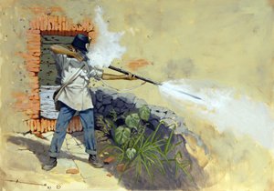 Italienfeldzug: ein österreichischer Infanterist eröffnet das Feuer in der Schlacht von Solferino zwischen dem österreichisch-ungarischen Reich von Franz Joseph I. von Österreich und der französisch-sardischen Koalition von Napoleon III. und Viktor Emanuel