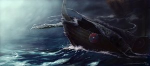 Legendäre Kreatur: Drache greift einen Drakkar (Wikingerschiff) an. Zeichnung von Alessandro Lonati von Alessandro Lonati