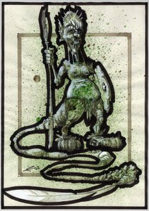 Legendäres Monster für Fantasy-Illustration: Gesicht eines Stammeswesens oder Kriegers mit Speer, Schild und Federschwanz. Zeichnung von Alessandro Lonati von Alessandro Lonati