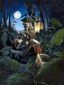 Pirat der Karibik mit Laterne, in der Nacht, versteckt seinen Schatz im Wald einer Insel. Farbzeichnung von Alessandro Lonati.