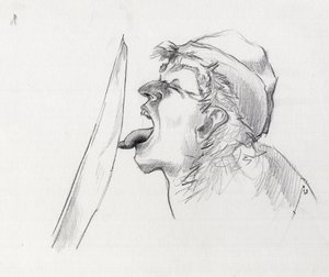 Porträt eines Piraten (Freibeuter), der das Schwert mit der Zunge berührt von Alessandro Lonati