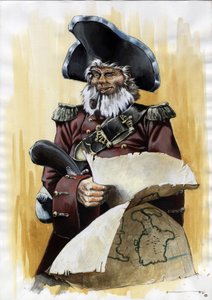 Porträt eines Piraten oder Seemanns mit Dreispitz und Schatzkarte in den Händen von Alessandro Lonati