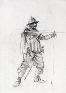 Porträt eines Marinesoldaten des 17. Jahrhunderts in Schussposition Zeichnung von Alessandro Lonati von Alessandro Lonati