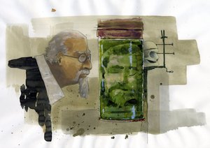 Porträt eines italienischen Kriminologen, der seinen eigenen Kopf in Formalin betrachtet Illustration von Alessandro Lonati