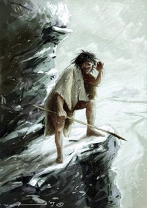 Prähistorie: ein Neandertaler unter dem Schnee, auf einem Felsen sitzend und den Horizont betrachtend