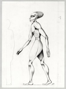 Science-Fiction-Illustration: ein Alien vom Planeten Mars auf der Eroberung des Weltraums. Zeichnung von Alessandro Lonati