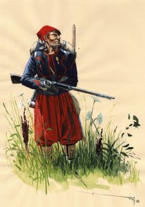 Zweites Kaiserreich (1852-1870): Zuaven-Soldat der französischen Armee von Napoleon III. während der Italienfeldzüge 1859 (Schlacht von Solferino am 24. Juni 1859 oder Schlacht von Magenta am 4. Juni 1859). Zeichnung von Alessandro Lonati