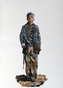 Zweiter Weltkrieg: ein Mitglied des italienischen Widerstands (Resistenza Italiana) in Tarnanzug und mit Maschinengewehr. 1943-1945. Illustration von Alessandro Lonati