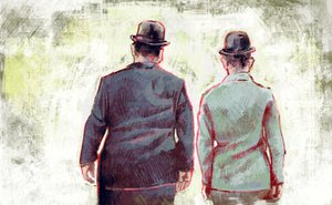 Stan Laurel und Oliver Hardy marschieren dem Horizont entgegen (Illustration)
