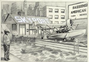 USA, New York: Blick auf den Seehafen mit einem Wasserflugzeug in den 1950er Jahren von Alessandro Lonati