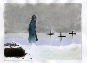 Erster Weltkrieg: ein französischer Soldat in einem Kriegsgrab, der auf die Kreuze schaut von Alessandro Lonati