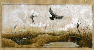 Erster Weltkrieg: eine Brieftaube, die eine Nachricht trägt, wird von einem deutschen Soldaten in einem Schützengraben ins Visier genommen, der versucht, eine Nachricht zu bergen, 1914-1918 von Alessandro Lonati