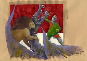 Yvain, der Löwenritter, kämpft gegen den Drachen von Alessandro Lonati