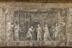 Monochromes Fresko, das Theateraufführungen reproduziert