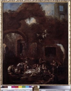 Kapuzinermönche am Tisch inmitten der Ruinen von Alessandro Magnasco