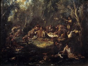 Szene des klösterlichen Lebens: Mönche beim Frühstück, Beten und Lesen im Unterholz. Gemälde von Alessandro Magnasco