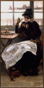 Eine Frau in Schwarz, die Zeitung lesend und eine Tasse Kaffee in einem Bistro trinkend. Gemälde von Alessandro Milesi (1856-1945)