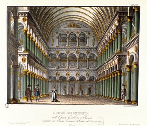 Ein prächtiger Ort: Großer Palastsaal mit Gewölbe Bühnenbild für die Aufführung der Oper „Giulietta e Romeo“ (Juliet und Romeo) (1796) von Niccolo Antonio Zingarelli nach William Shakespeares Stück „Romeo und Julia“ im Teatro Carcano 1829