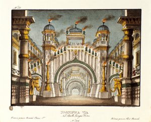 Ein Tempel zur Zeit von Dschingis Khan. Szenografie für das Ballett „Genis-Kan“ von Giovanni Galzerani (1828). Lithografie in „Raccolta di invenzioni sceniche del 1830 di Alessandro Sanquirico“ von Alessandro Sanquirico