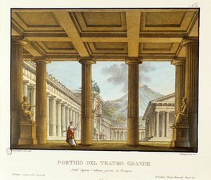 Portikus des Großen Theaters in Pompeji, im Hintergrund der Vesuv (Detail)
