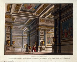 Szenografie von Alessandro Sanquirico (1777-1849) für „La Clemence de Tito“ von Wolfgang Amadeus Mozart (1756-1791) aufgeführt in La Scala in Mailand 1819 und Darstellung des Raums im Königspalast von Tito