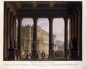 Szenografie von Alessandro Sanquirico (1777-1849) für „Die Gnade des Titus“ von Wolfgang Amadeus Mozart (1756-1791) aufgeführt an der Scala in Mailand 1819 und stellt das Atrium des Tempels des Jupiter Stator dar: Sextus wird gestoppt; um Viterli zu bewahr