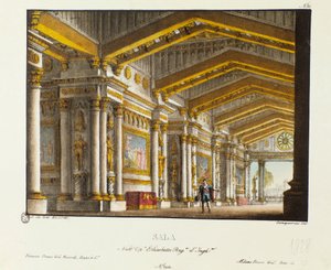 Der große Saal des Königspalastes. Szenografie für die Aufführung der Oper „Elisabetta, Regina d