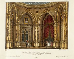 Das Schlafzimmer von Elmire (oder Elmiro) Bühnenbild für die Oper „Otello“ von Gioacchino Rossini (1816) nach William Shakespeares Stück „Othello oder der Mohr von Venedig“ 1830 (Lithographie)