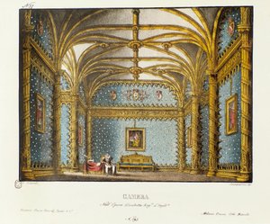 Das Schlafzimmer des Königspalastes Bühnenbild für die Aufführung der Oper „Elisabetta, Regina d