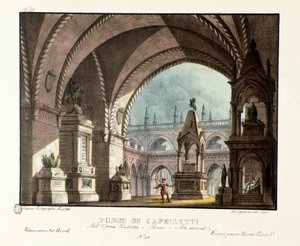 Das Grab der Familie Capulet (Capuleti) Bühnenbild für die Aufführung der Oper „Giulietta e Romeo“ (Juliet und Romeo) (1796) von Niccolo Antonio Zingarelli nach William Shakespeares Stück „Romeo und Julia“ im Teatro Carcano 1829