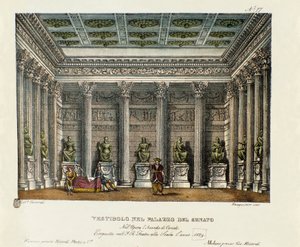 Das Vestibül des Palastes des Senats (Akt I). Szenografie für die Aufführung der Oper „Die Belagerung von Korinth“ (1826) von Gioacchino Rossini. Lithografie in „Raccolta di invenzioni sceniche del 1830 di Alessandro Sanquirico“ von Alessandro Sanquirico