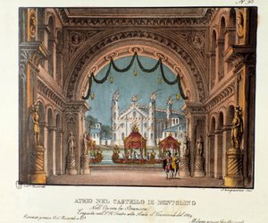 Das Vestibül des Schlosses Montolino in der Bretagne Bühnenbild für die Aufführung der Oper „La straniera“ (1828) von Vincenzo Bellini im Teatro alla Scala im Jahr 1829. Lithographie in „Raccolta di invenzioni sceniche del 1830 di Alessandro Sanquirico von Alessandro Sanquirico