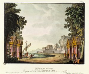 Ansicht des römischen Lagers. Szenografie für das Ballett „Ottaviano in Egitto“ von Giovanni Galzerani (1828). Lithografie in „Raccolta di invenzioni sceniche del 1830 di Alessandro Sanquirico“