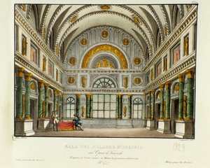 Ansicht des Palastes des Königs von Syrakus, Argirio. Szenografie für die Aufführung der Oper „Tancredi“ von Gioacchino Rossini (1813) nach Voltaires Stück „Tancrede“. Lithografie in „Raccolta di invenzioni sceniche del 1830 di Alessandro Sanquirico“ von Alessandro Sanquirico