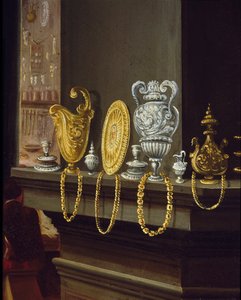 Werkstatt des Goldschmieds. Detail der goldenen und silbernen Becher und Tabletts auf einem Regal von Alessandro di Vincenzio Fei