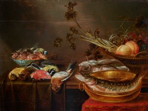 Stillleben mit Fisch, Vögeln und Früchten