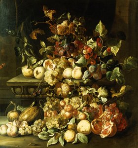 Trauben, Feigen, Himbeeren und andere Früchte auf einem steinernen Sims von Alexander Coosemans
