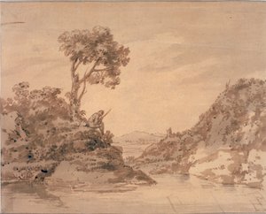 Landschaft mit Figur am Ufer eines Teiches