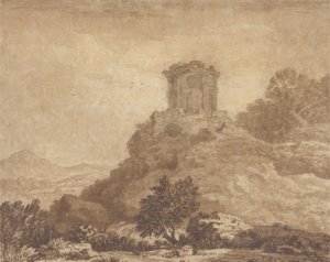 Landschaft mit einem zerstörten Tempel, ca. 1756 von Alexander Cozens