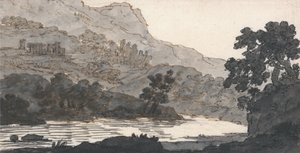Fluss und Berg, mit Ruinen