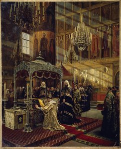 Der Zar von Russland Alexei I. Michailowitsch und der Patriarch Nikon am Sarg von Philipp I., dem Metropoliten von Moskau von Alexander Dimitrievitch Litovtchenko