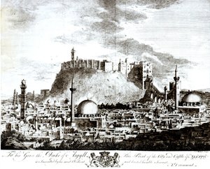 Ein Blick auf die Stadt und das Schloss von Aleppo, Syrien, 1754 von Alexander Drummond