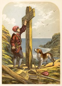 Robinson Crusoe errichtet einen Pfosten am Ufer von Alexander Francis Lydon
