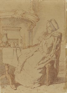 Sitzende, strickende alte Frau an einem Tisch von Alexander Hugo Bakker Korff