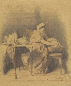 Sitzende Frau, Geschirr waschend
