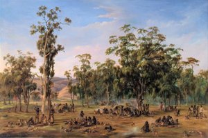 Ein Aborigines-Lager in der Nähe der Adelaide-Fußhügel