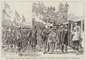 Die Eröffnung der West Highland Railway, Ankunft des Zuges mit den Gästen in Fort William von Alexander Stuart Boyd