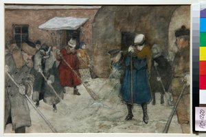 Menschen fegen Schnee auf einer Straße im Winter von Alexander Vakhrameyev